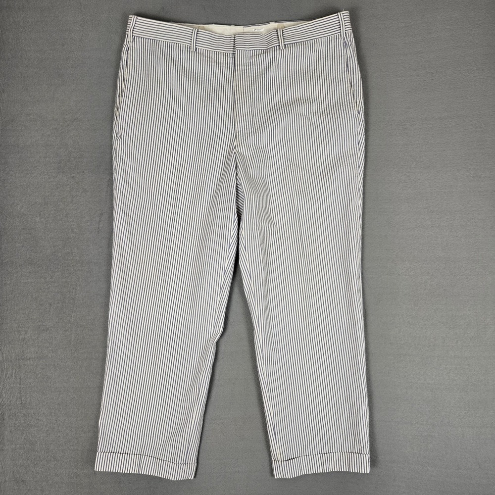 J. Press Pants Mens 40x28 Blue & White Pleated Seersucker Slacks Cuffed Cotton